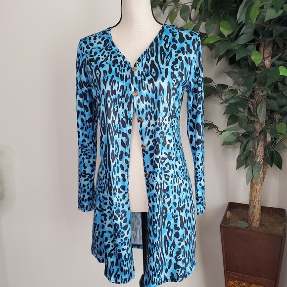 New! Blue Leopard Print Kimino Cardigan - Picture 3 of 5